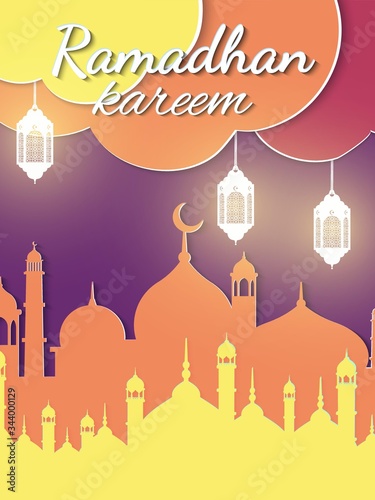 Ramadan kareem (means generous) banner for brochure, poster, flyer design and greeting card. Download Ramadan design vector with mosque and lampion illustration.