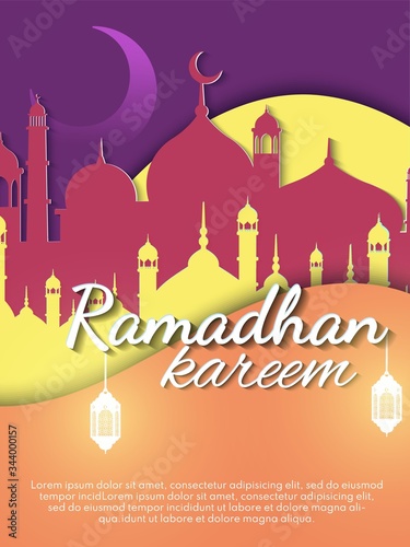 Ramadan kareem (means generous) banner for brochure, poster, flyer design and greeting card. Download Ramadan design vector with mosque and lampion illustration.