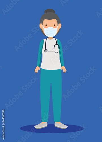 female paramedic using face mask with stethoscope vector illustration design