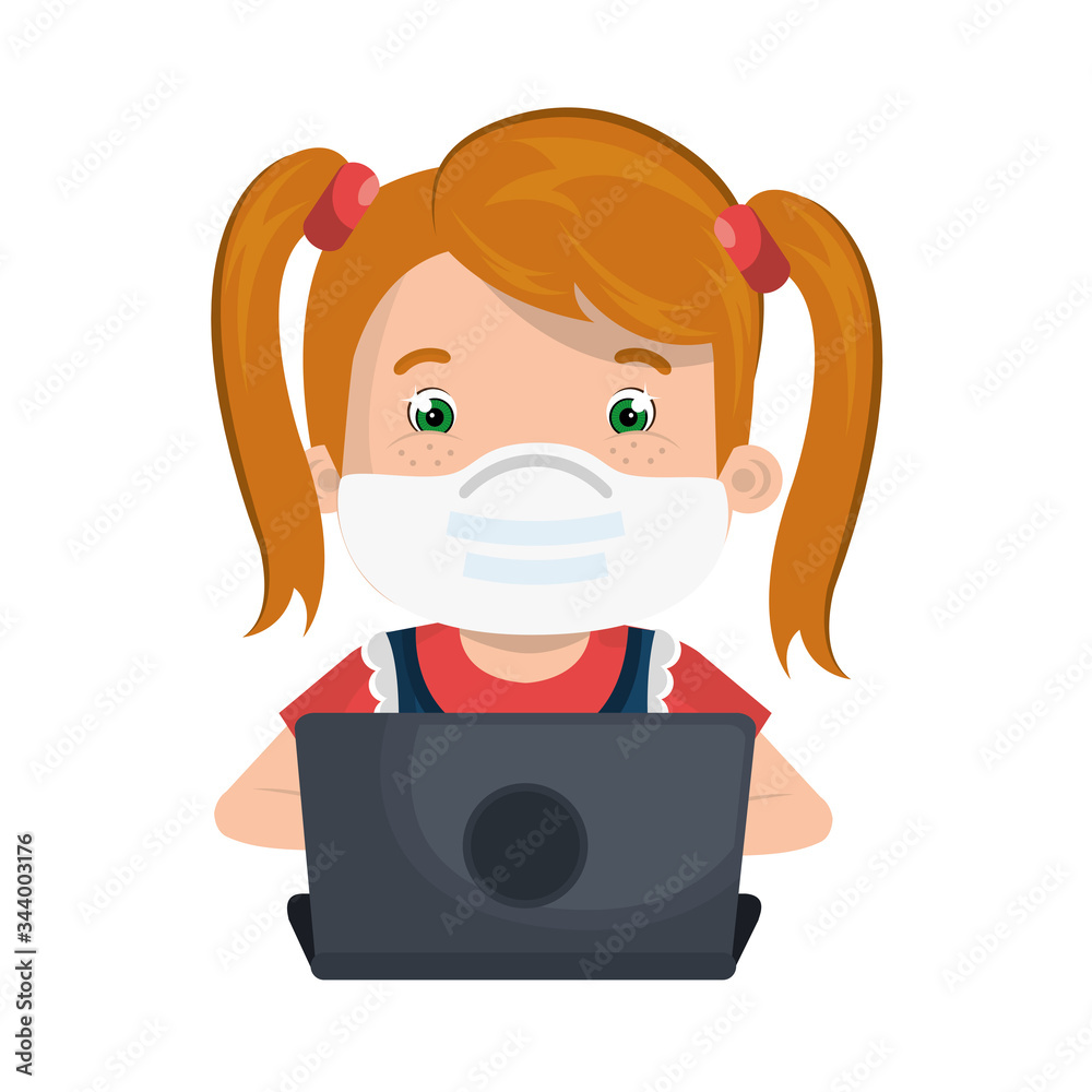 girl using face mask with laptop studying online vector illustration design