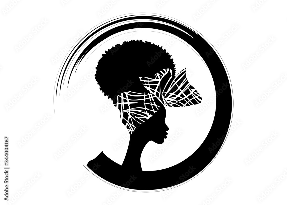 portrait beautiful African woman Afro curly hair in traditional bandana,  black women vector silhouette isolated , round logo design hairstyle  concept , headdress Afro style icon Stock Vector | Adobe Stock