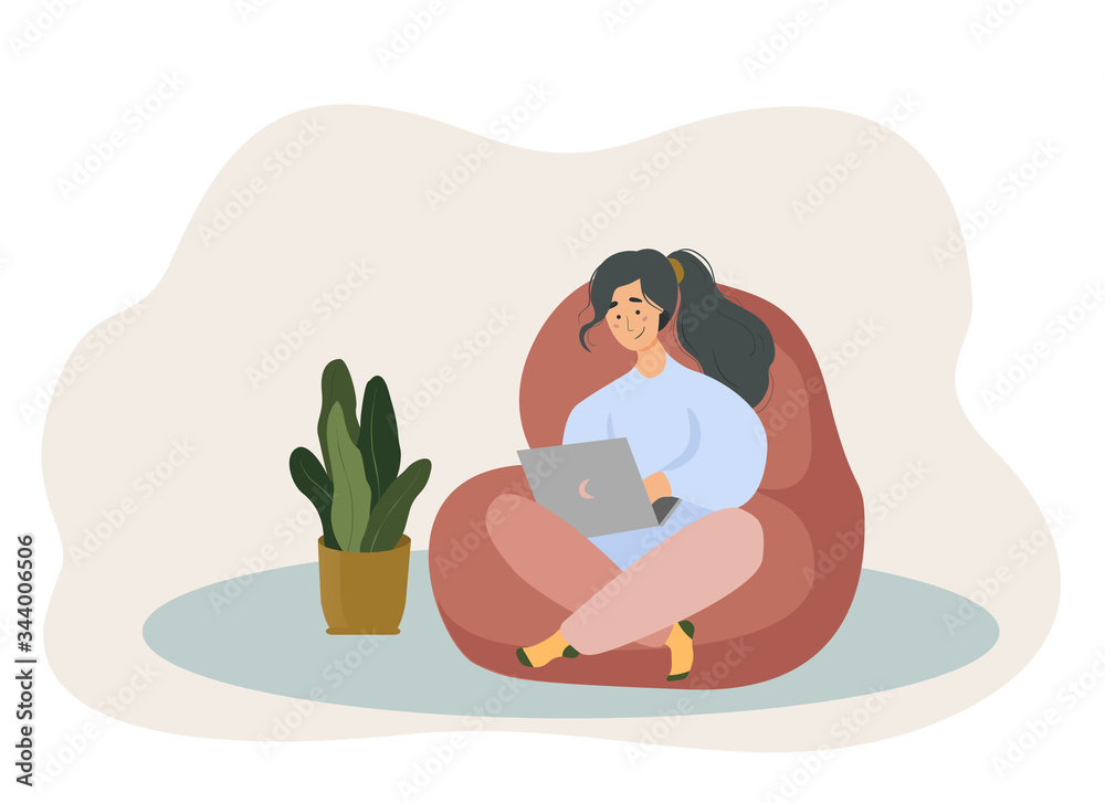 Work online from home during quarantine. Woman with a computer in an armchair. Freelancer or training. Cute vector in a flat style. Social distancing and self-isolation during corona virus COVID-19.