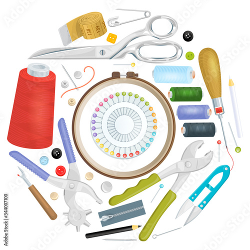 different sewing tools folded in shape circle, bright advertising poster for sewing studio design, flat style vector illustration. Scissors, needles and threads for handmade hobbies isolated on white