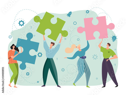 Teamwork, cooperation concept, puzzles in hands successful, joyful people working together design, cartoon vector illustration. Partnership men and women achieving success, corporate brainstorming.