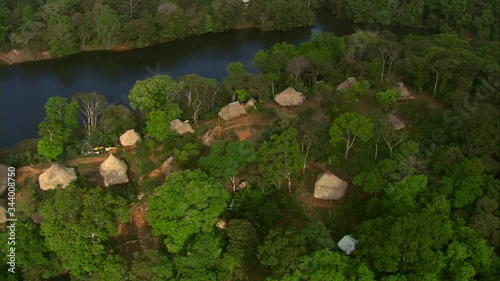 Aerial view over the roofs of the Ember√° indigenous settlement in the Chagres river green forest ecological reserve