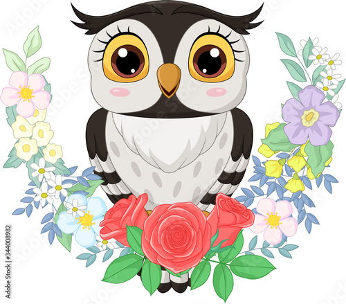 Cartoon owl with flowers background
