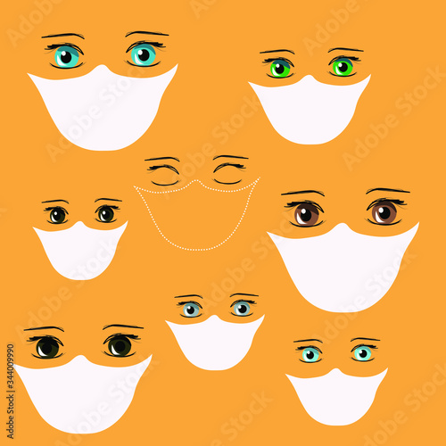 A group of face characters with open eyes wearing a protective mask and a face without a mask and with closed eyes as if dead. Protection from coronavirus disease.