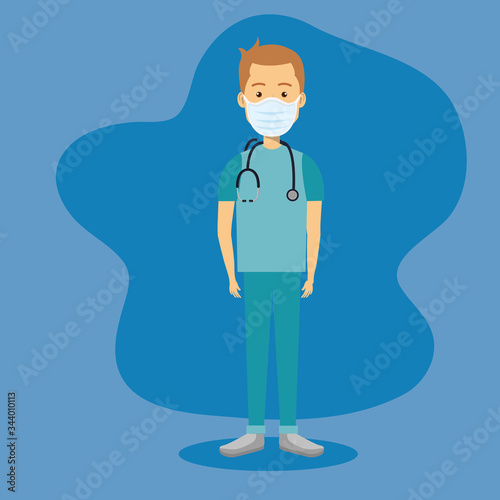 male paramedic using face mask with stethoscope vector illustration design