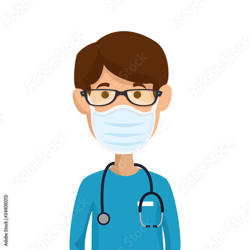 male paramedic using face mask with stethoscope vector illustration design