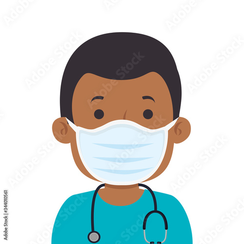 male afro paramedic using face mask with stethoscope vector illustration design