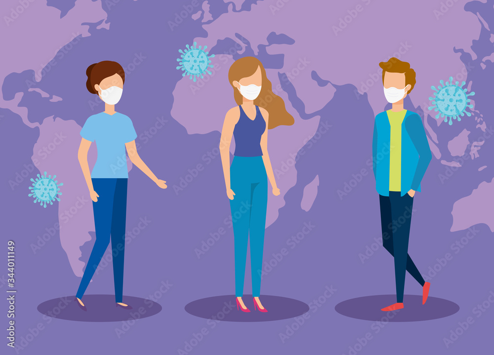 people using face mask and particles covid 19 with world map vector illustration design people using face mask and particles covid 19 with world map vector illustration design