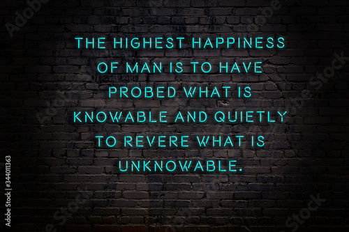 Night view of neon sign on brick wall. Wise qoutation. 