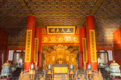 A throne inside Qianqinggong (Palace of Heavenly Purity) in Forbidden City in Beijing, China photo