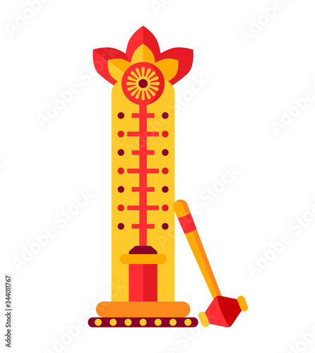 Attraction for measuring strength, test strength flat. Cartoon design strength tester. Power and strong entertainment. SummerAmusement park festivals outdoor fun. Vector Isolated illustration.