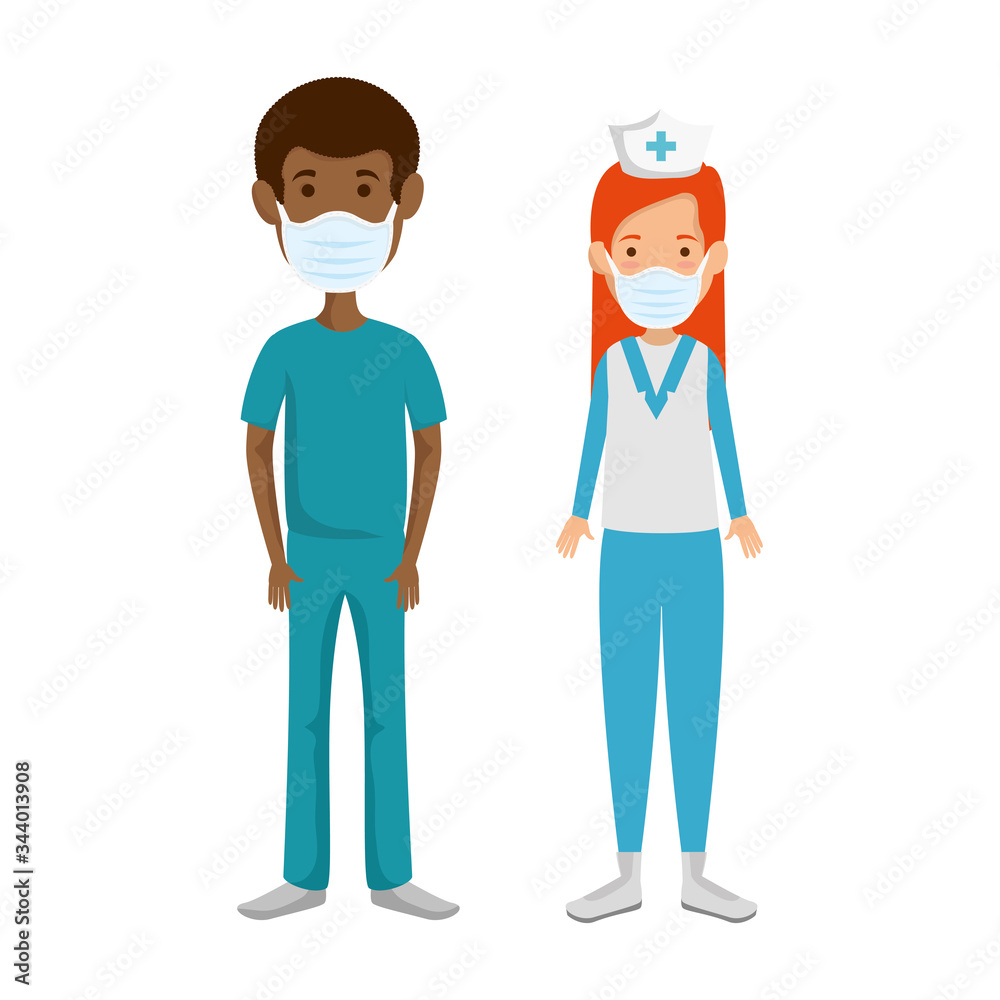 male paramedic with nurse using face mask vector illustration design male paramedic with nurse using face mask vector illustration design