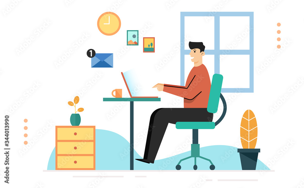 Man sitting and answering an email at home,Concept of working at home,Vector illustration
Banner background website landing page
