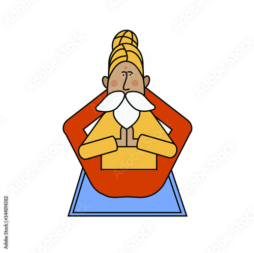vector character - indian man with gray beard and mustache. A male yogi sits in a complex asana.