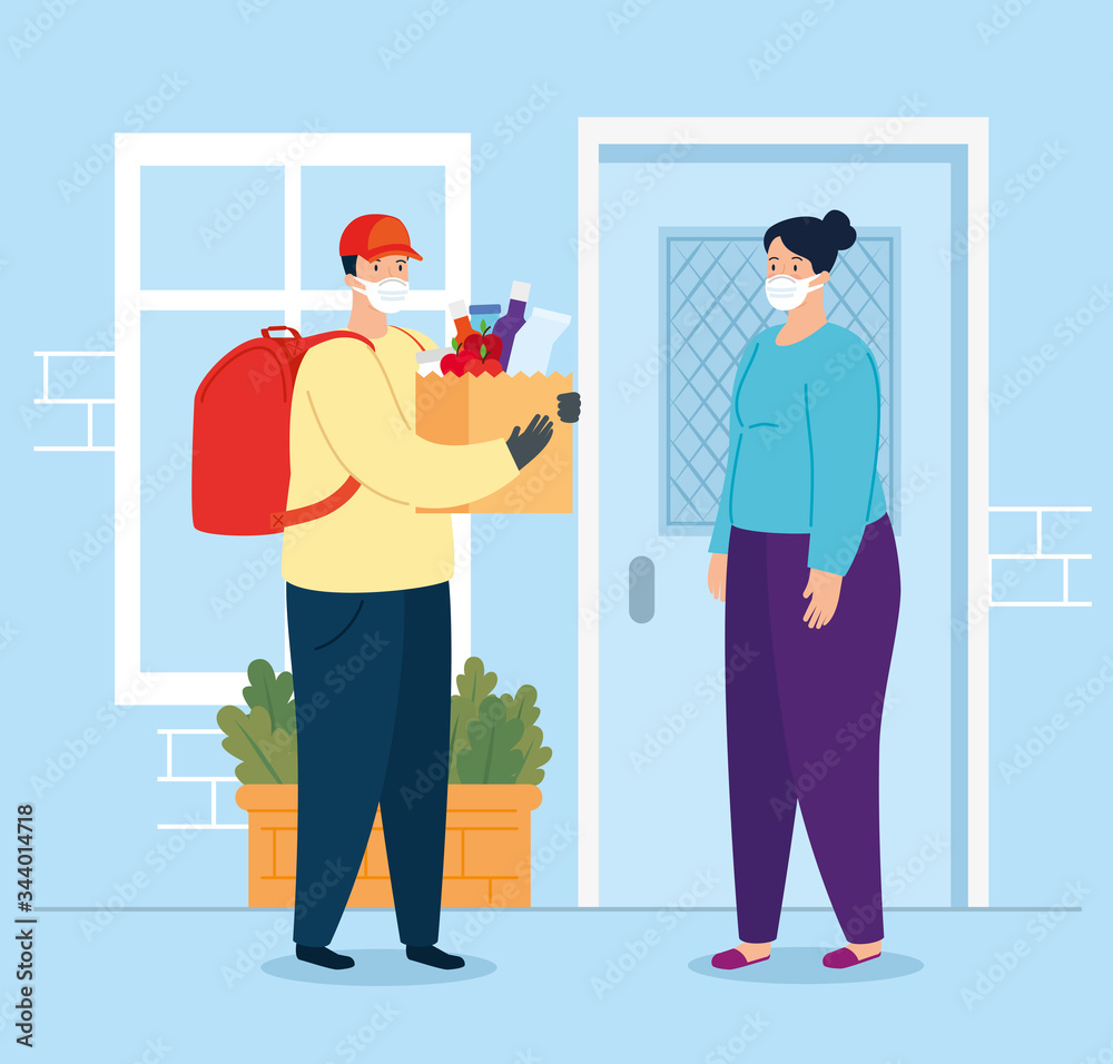 worker using face mask delivering package vector illustration design worker using face mask delivering package vector illustration design