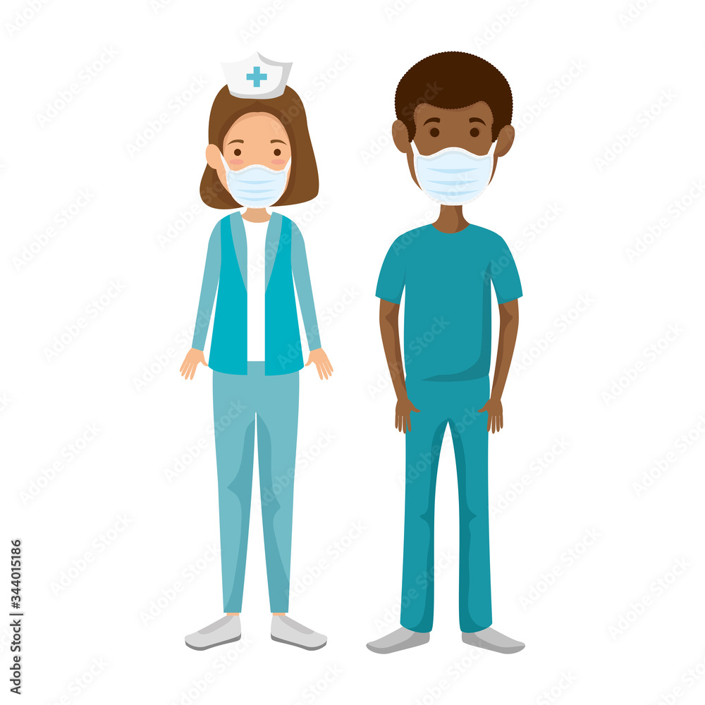 male paramedic with nurse using face mask vector illustration design male paramedic with nurse using face mask vector illustration design