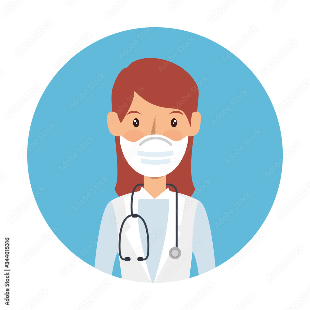 doctor female using face mask with stethoscope in frame circular vector illustration design