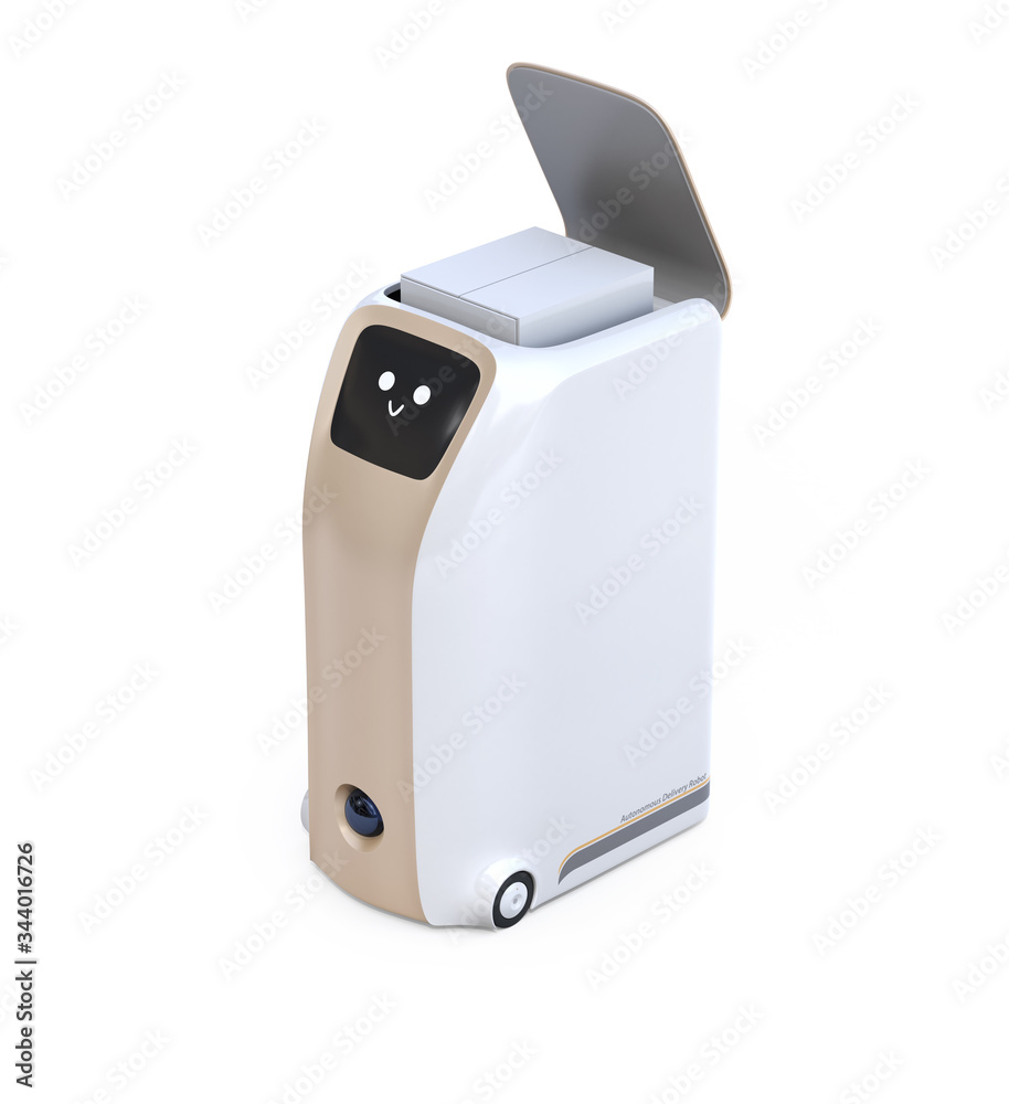 Delivery robot isolated on white background. Lid opened for picking the parcel. Touchless delivery concept. 3D rendering image. Delivery robot isolated on white background. Lid opened for picking the parcel. Touchless delivery concept. 3D rendering image.