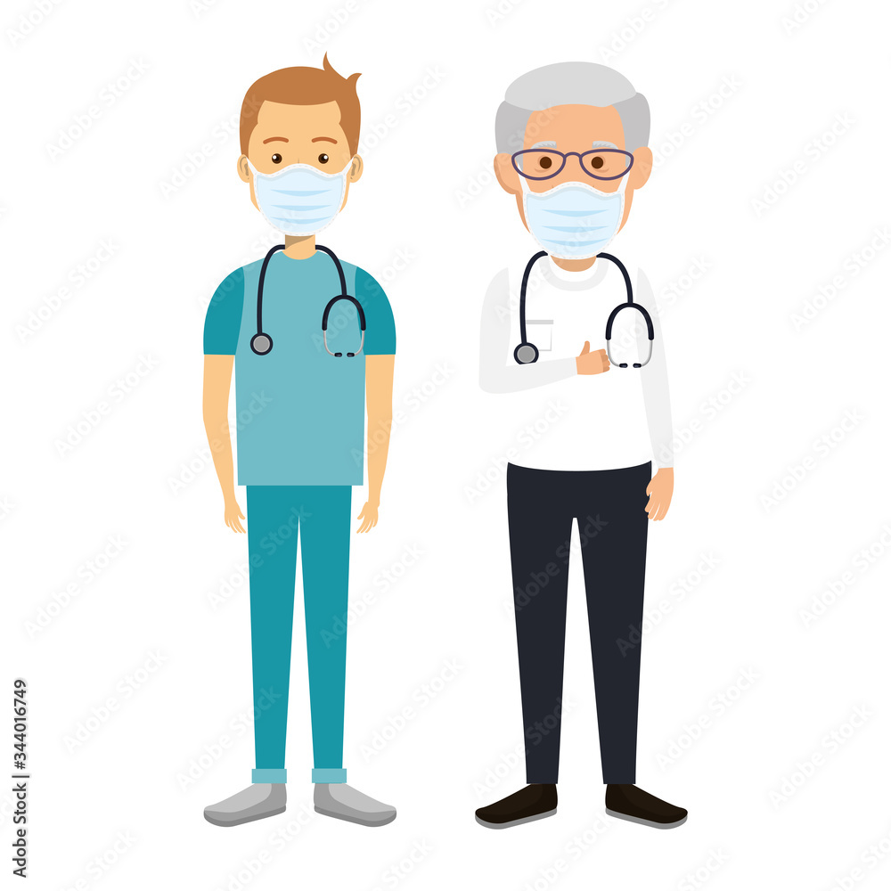 old doctor male with paramedic using face mask vector illustration design