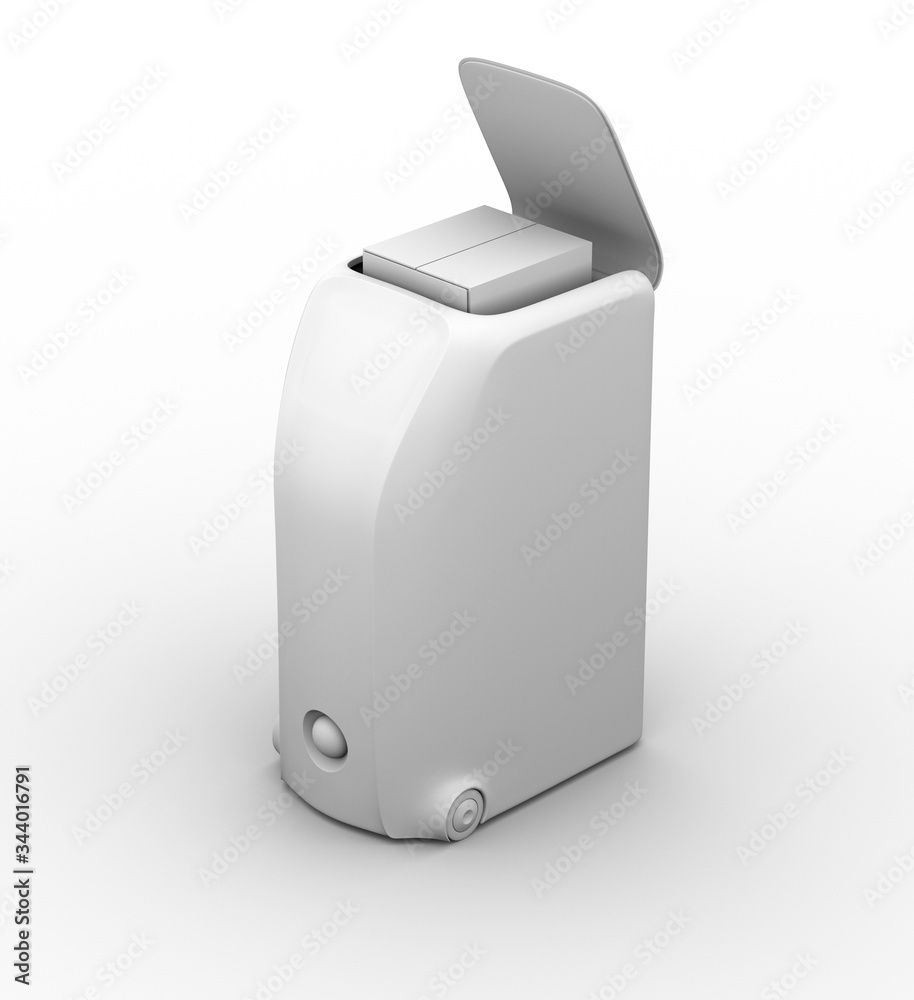 Clay rendering of delivery robot isolated on white background. Lid opened for picking the parcel. Touchless delivery concept. 3D rendering image. Clay rendering of delivery robot isolated on white background. Lid opened for picking the parcel. Touchless delivery concept. 3D rendering image.