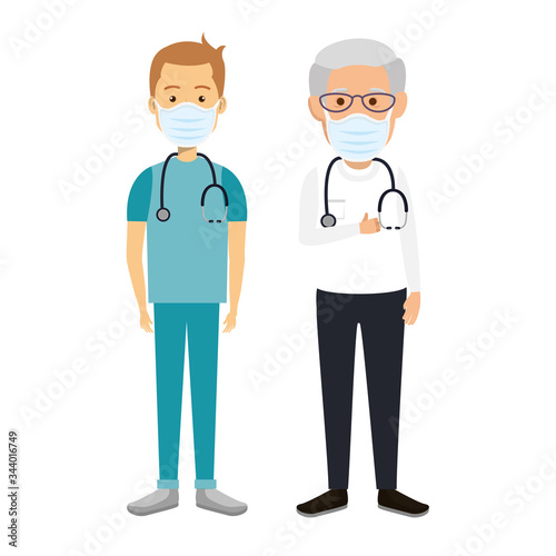 old doctor male with paramedic using face mask vector illustration design