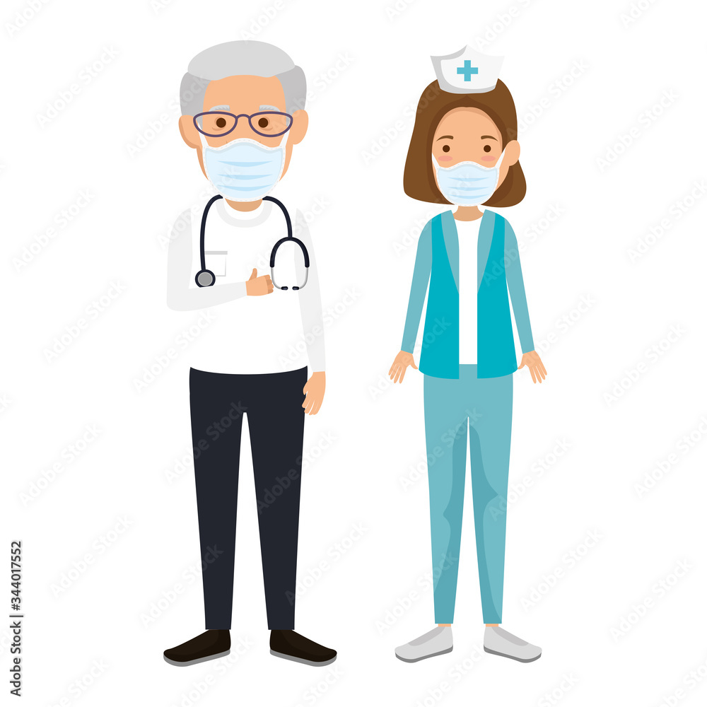 nurse with old doctor using face mask isolated icon vector illustration design nurse with old doctor using face mask isolated icon vector illustration design