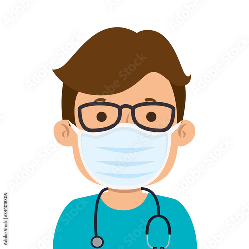 male paramedic using face mask with stethoscope vector illustration design