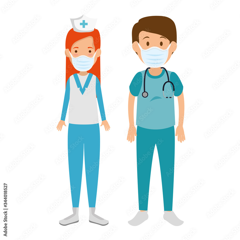 male paramedic with nurse using face mask vector illustration design male paramedic with nurse using face mask vector illustration design