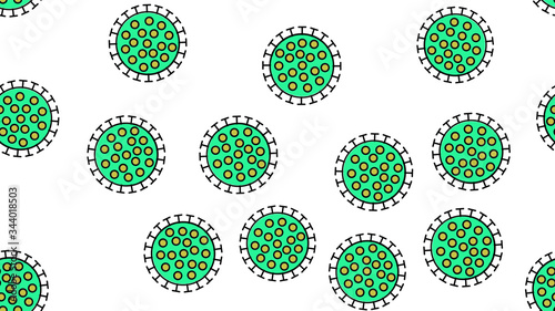 Endless seamless pattern of green dangerous infectious deadly respiratory coronaviruses pandemic epidemic, Covid-19 microbe viruses causing pneumonia on a white background