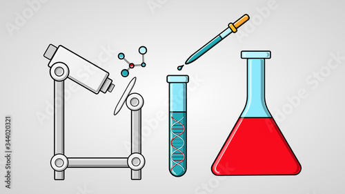 Scientific medical study of a vaccine against dangerous deadly coronaviruses in a pandemic epidemic, Covid-19 microbe viruses using a microscope and flasks in a laboratory