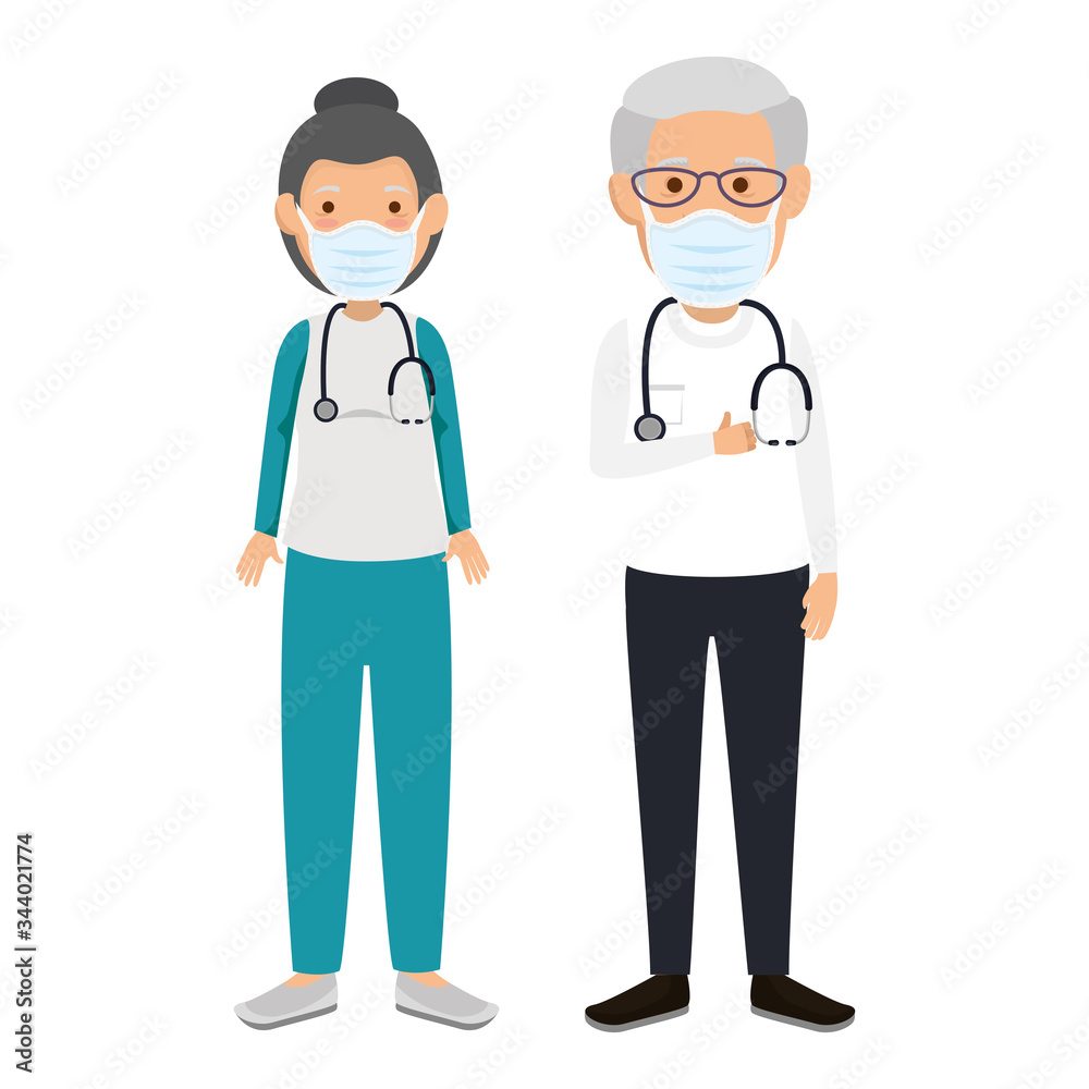 female paramedic with old doctor using face mask vector illustration design female paramedic with old doctor using face mask vector illustration design