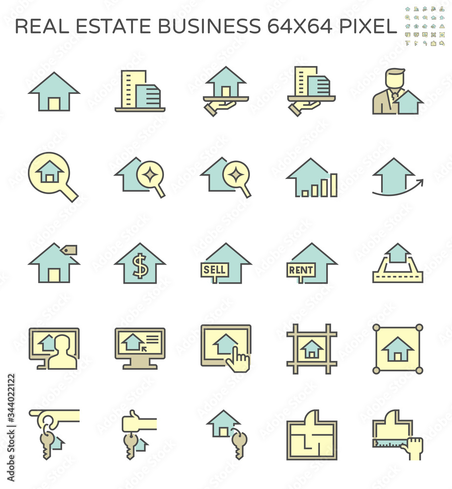 Real estate business vector icon set design, 64x64 perfect pixel and editable stroke.