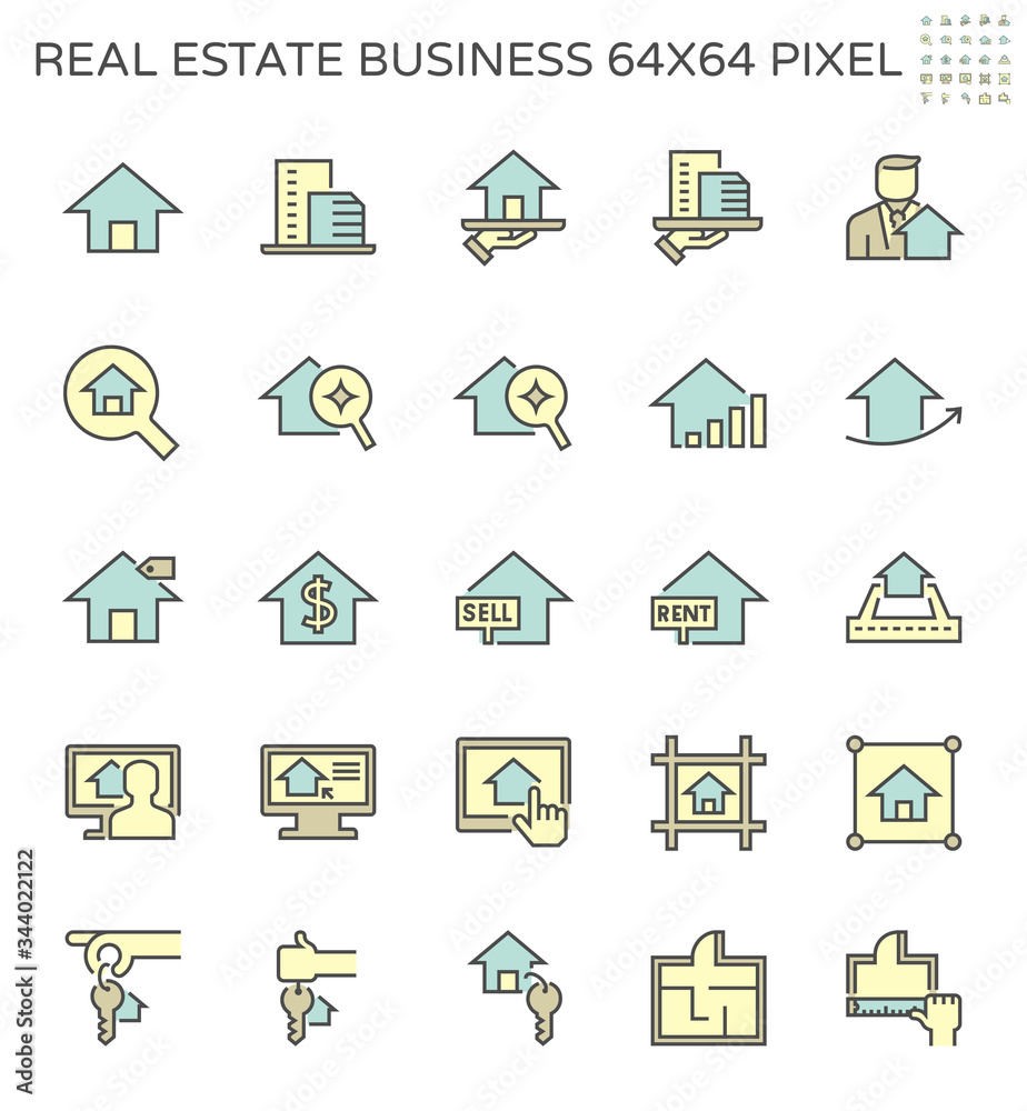 Real estate business vector icon set design, 64x64 perfect pixel and editable stroke. Real estate business vector icon set design, 64x64 perfect pixel and editable stroke.