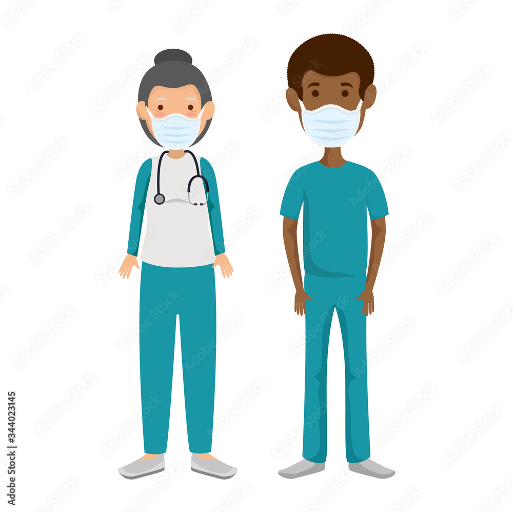 couple paramedics using face mask isolated icon vector illustration design couple paramedics using face mask isolated icon vector illustration design