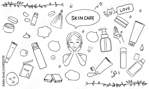 スキンケアアイテムとスキンケアをする女性のイラストセット