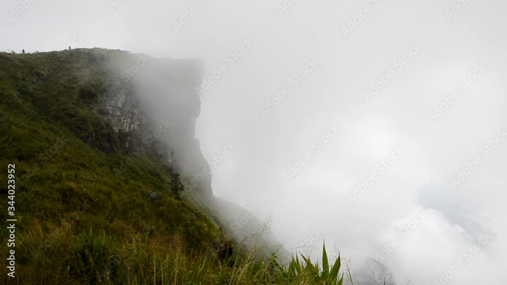 Moving white fog pass the grass on the mountain Moving white fog pass the grass on the mountain