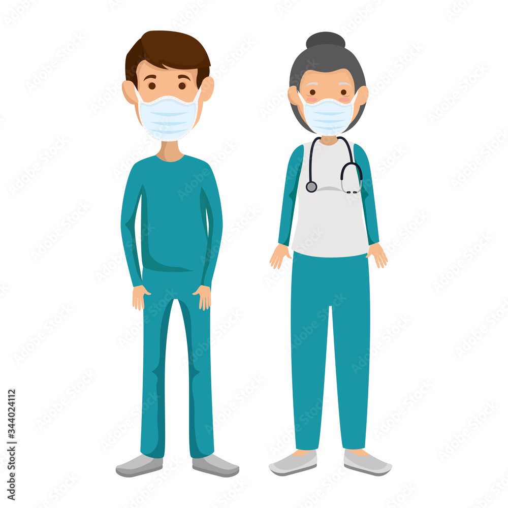 couple paramedics using face mask isolated icon vector illustration design couple paramedics using face mask isolated icon vector illustration design