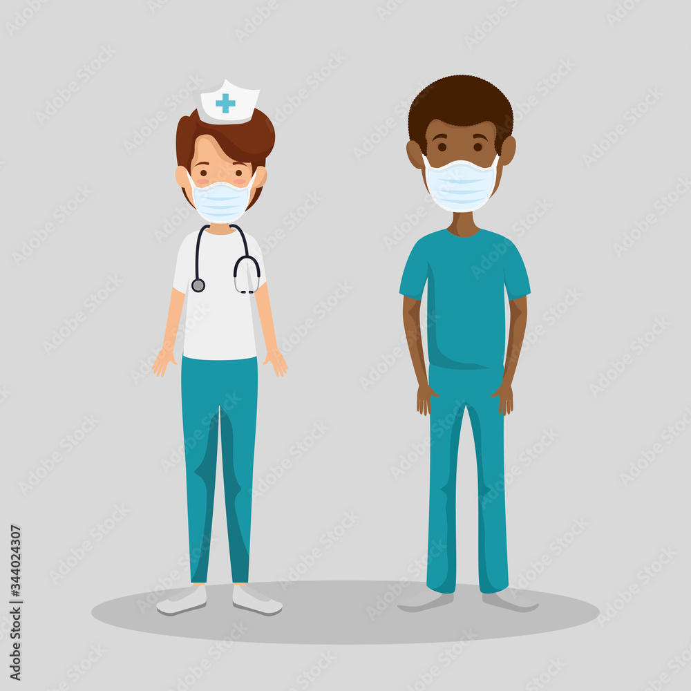 male paramedic with nurse using face mask vector illustration design male paramedic with nurse using face mask vector illustration design