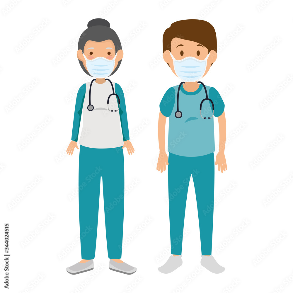 couple paramedics using face mask isolated icon vector illustration design couple paramedics using face mask isolated icon vector illustration design