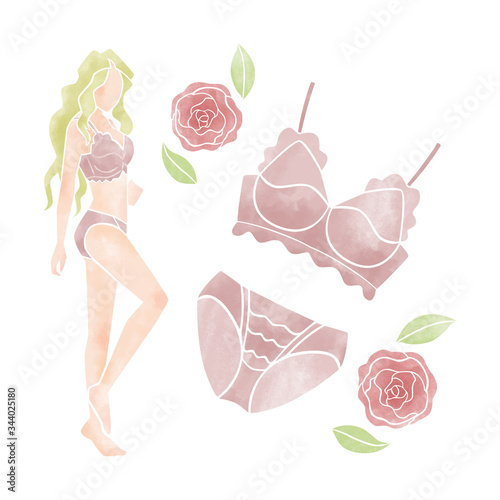 ピンクのランジェリーモデルイラスト