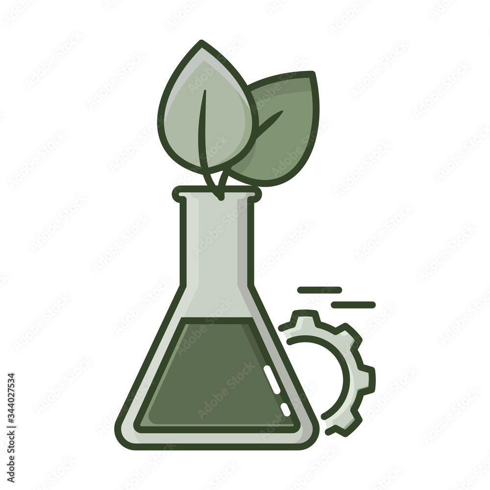 Laboratory beaker, leaves and gear icon. Concept of agriculture technology. Flat style. Isolated on white background. 