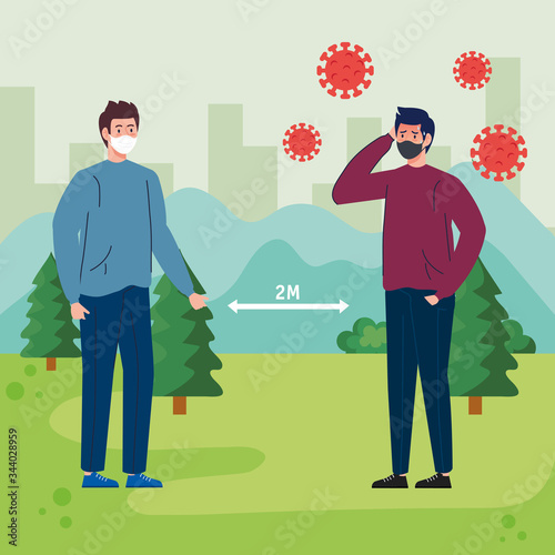 campaign of social distancing for covid 19 with men in landscape vector illustration design