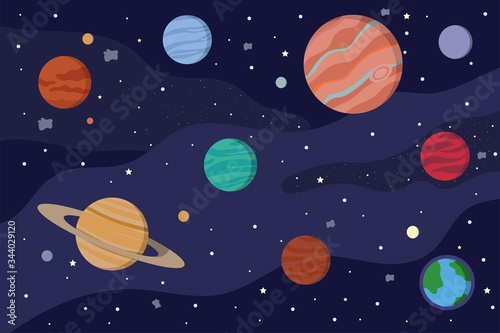 Planets in space background. Solar system in cartoon style vector illustration. Cosmos with Jupiter, Saturn and other objects.