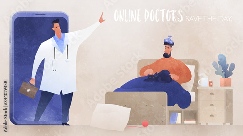Online Doctor concept. Online medical support. A video call to see a doctor via smartphone. Healthcare and technology vector illustration.