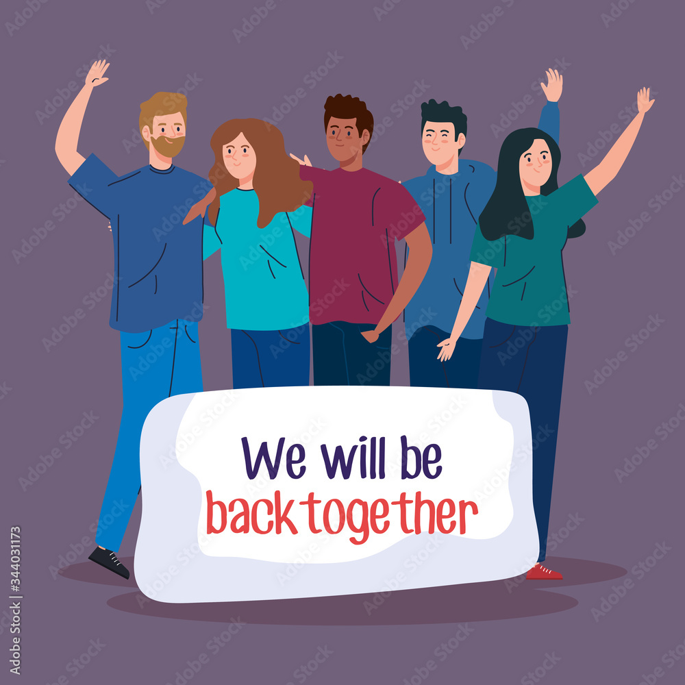 young people with label of we will be back together vector illustration design young people with label of we will be back together vector illustration design