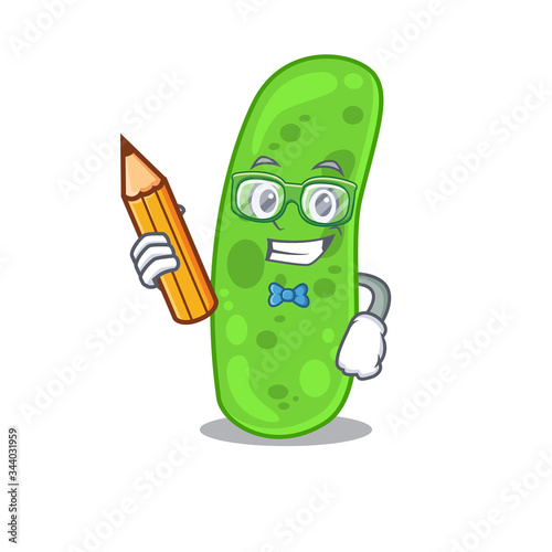 A brainy student propioni bacteia cartoon character with pencil and glasses
