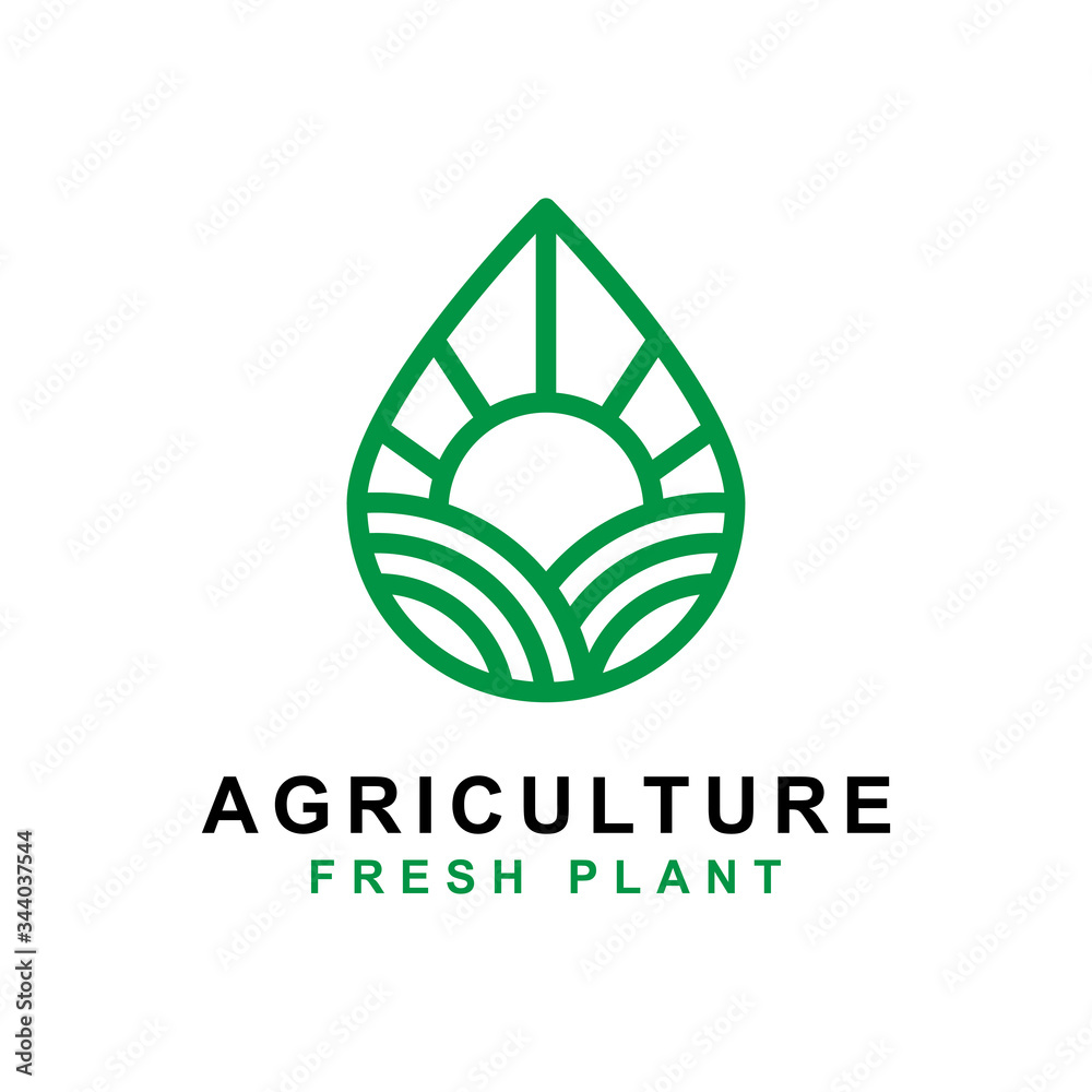 line art agriculture farm with sun and fresh water drop logo concept vector template